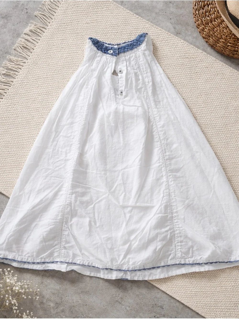 Cutey Couture Girls' White Embroidered Floral Sundress with Blue Trim